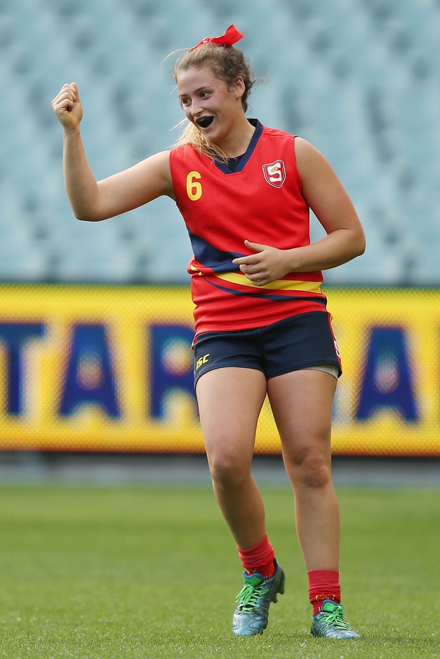 AFL 2016 Media - SANFL All Stars Womens Match MELBOURNE, AUSTRALIA - APRIL 2: Georgia Bevan of SA Red celebrates goal during the SANFL All Stars Womens match at Adelaide Oval in Adelaide, Australia on April 2, 2016. (Photo by James Elsby/AFL Media)